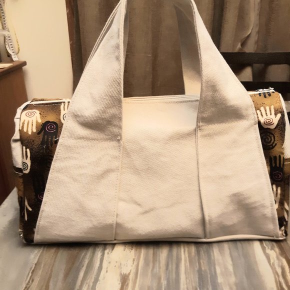 Hamsa Hands Boho vibe Purse Double handle Brown Pink print Ivory denim 12x8x5" - Picture 8 of 8